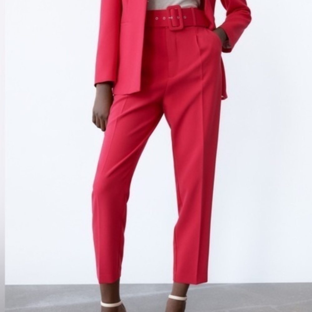 Zara Hot Pink Tailored Belted Trousers large